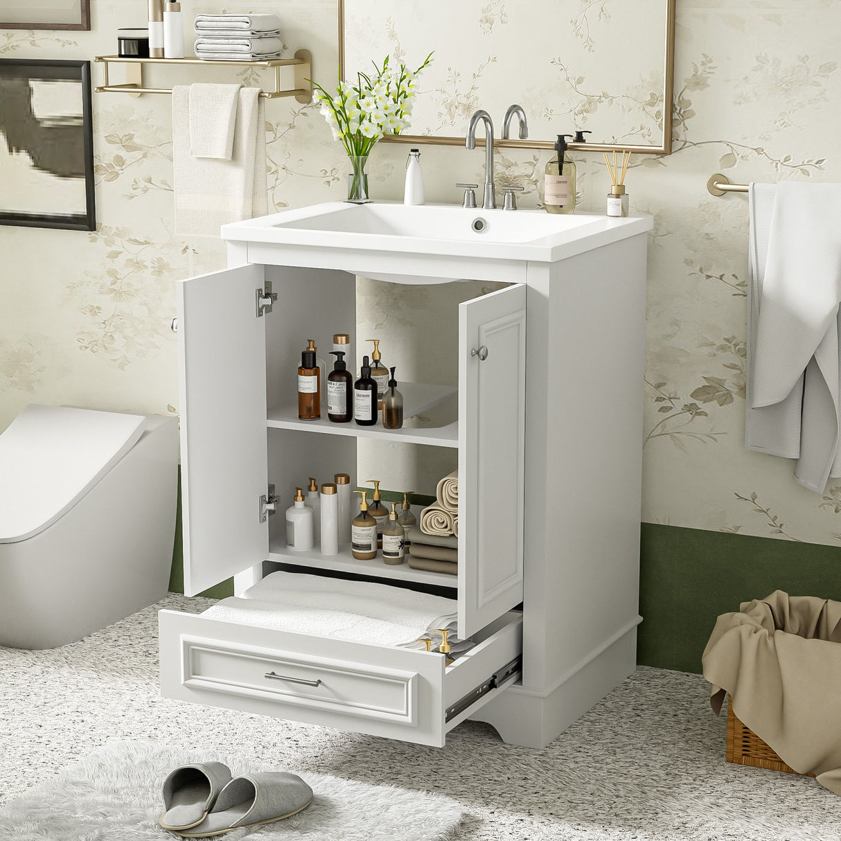 Bathroom Vanity With Ceramic Sink Combo, Modern Freestanding Storage Cabinet With Silver Handles