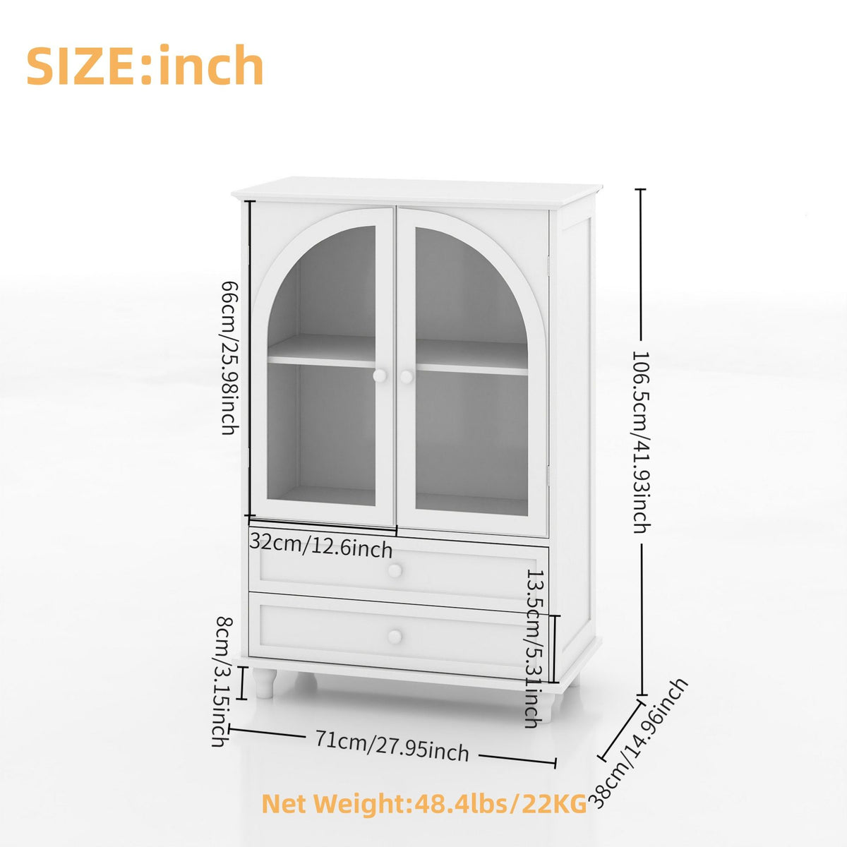 White Farmhouse Storage Cabinet, Arched Tempered Glass Door Buffet Sideboard With Tiered Top, 2‑Drawer Pantry Cabinet For Kitchen Dining Living Room Entryway Coffee Bar