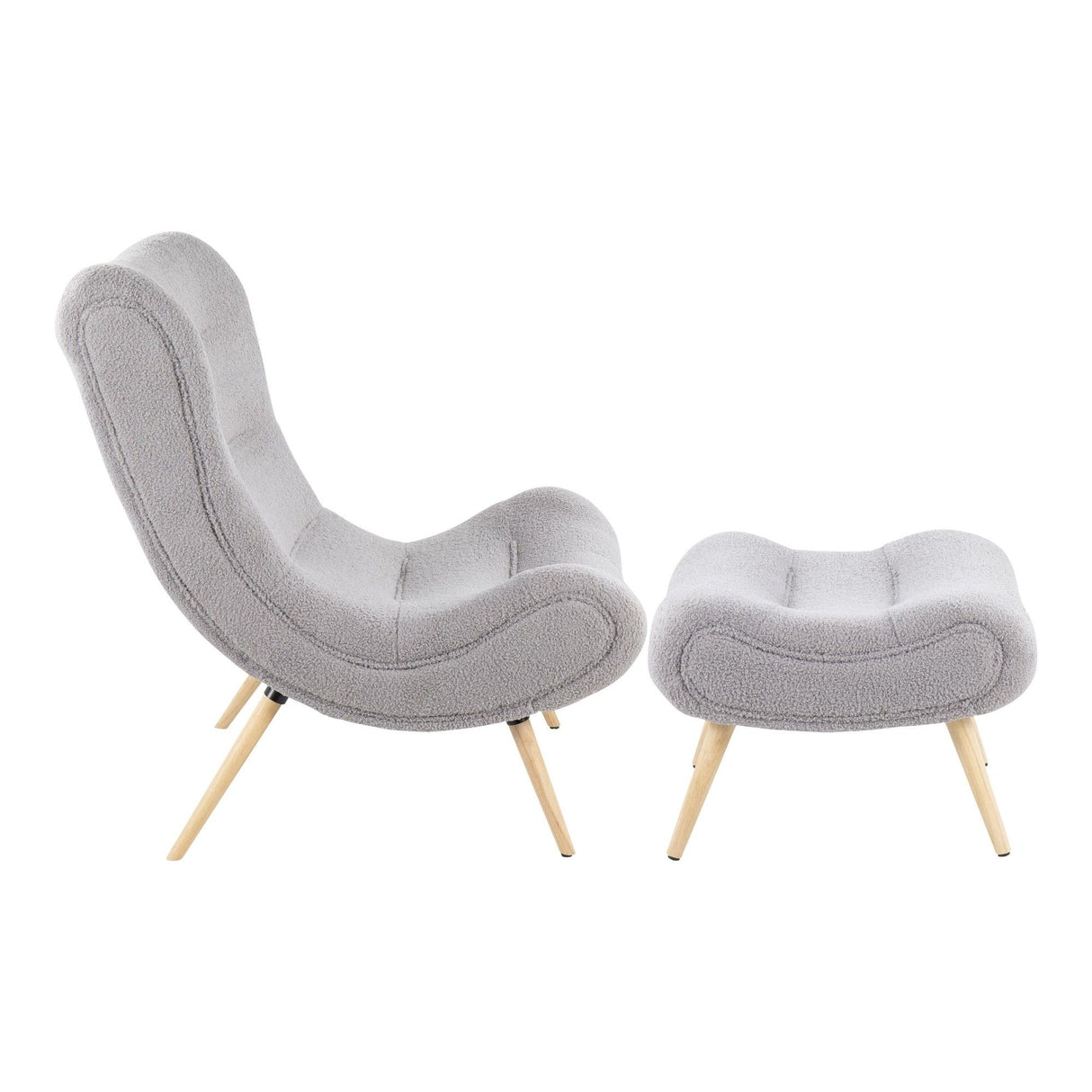 Cloud - Contemporary Chair With Ottoman - Natural Wood And Gray Sherpa Fabric