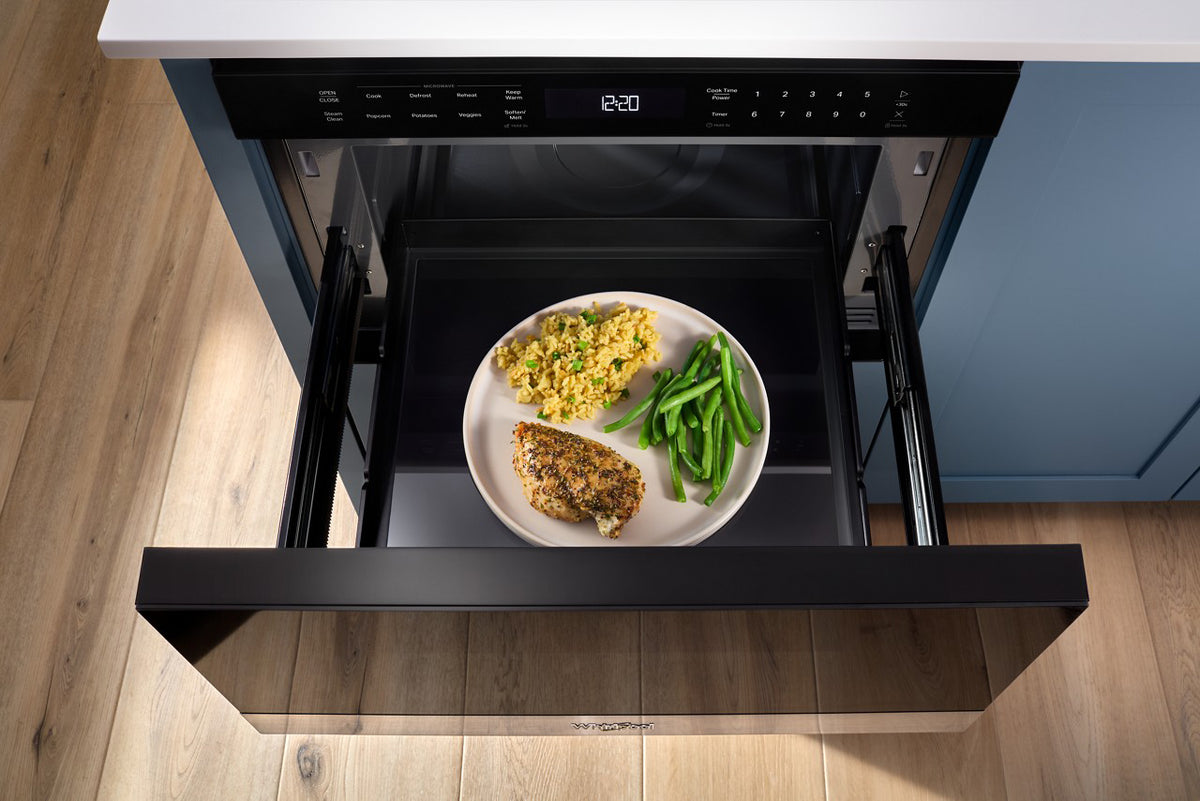 Whirlpool WMBD5024TS microwave drawer open in kitchen setting