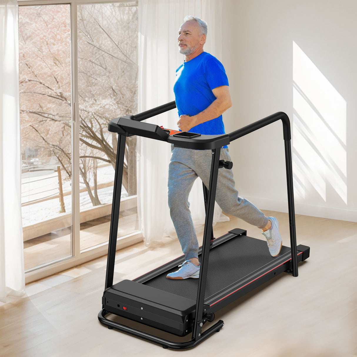 Home Fitness Treadmill With Extended Handrails, Portable Foldable Design - Black / Orange