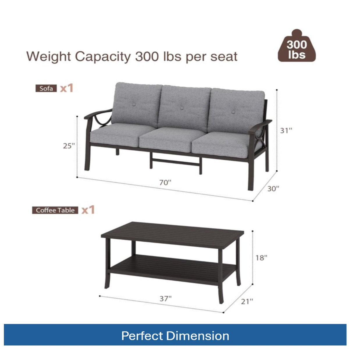 2 Piece Outdoor Patio Set With 3 Seat Sofa And Rectangular Coffee Table - Gray / Khaki