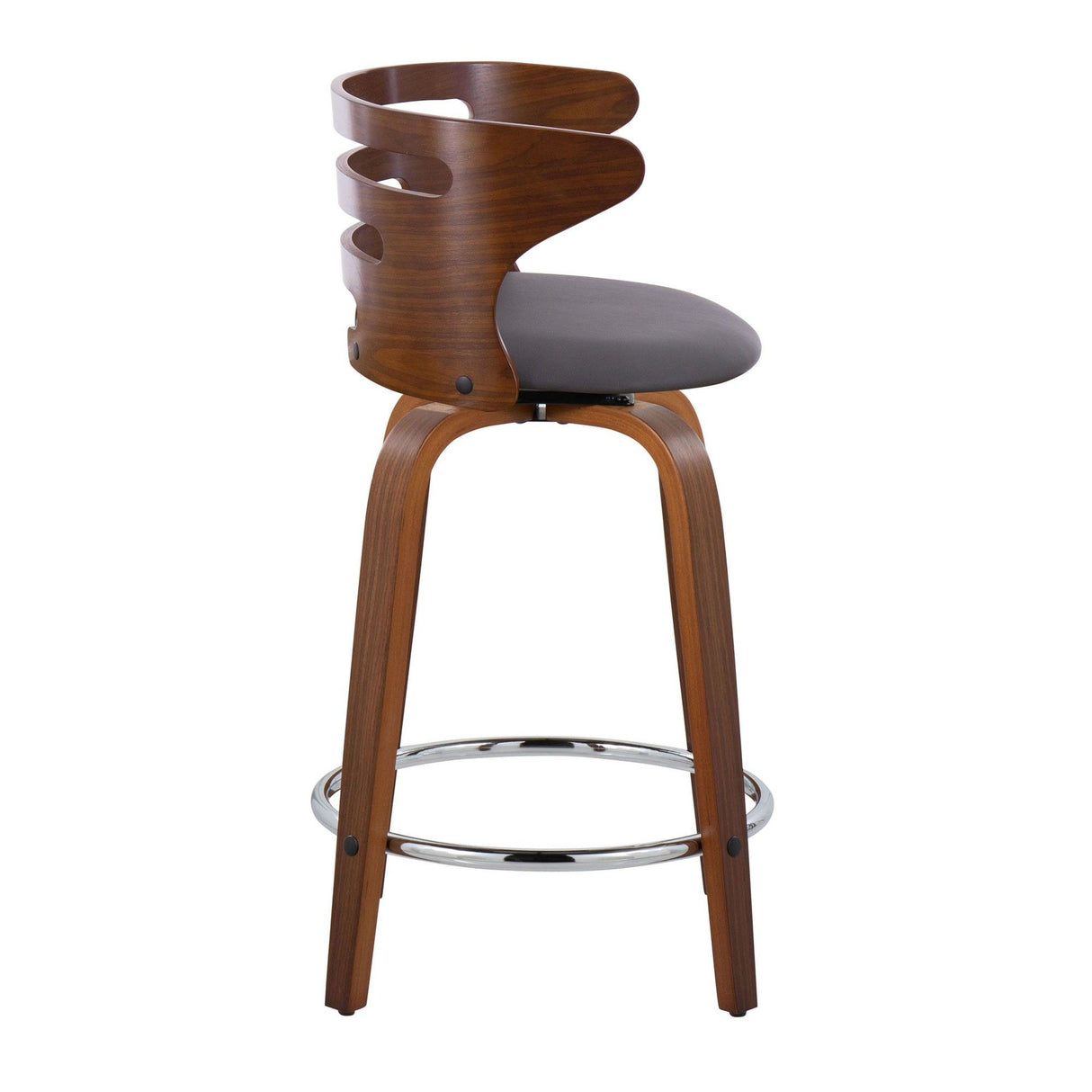 Cosi - 24" Fixed-Height Counter Stool With Swivel And Round Chrome Metal Footrest (Set of 2) - Walnut Wood And Brown Faux Leather