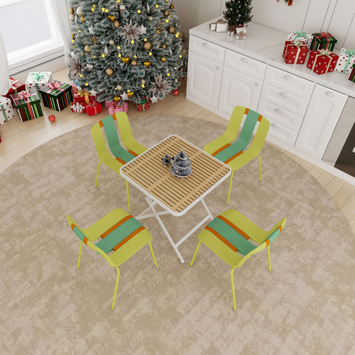 4 Piece Set Of Modern Striped Single Chairs With Folding Square Table