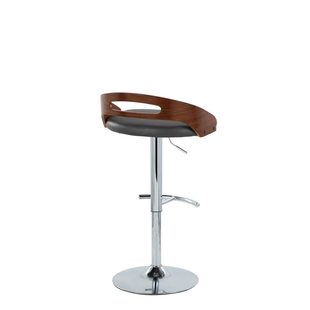 Cassis - Contemporary Adjustable Swivel Barstool (Set of 2) - Chrome Metal, Walnut Wood And Gray Faux Leather With Round T Footrest