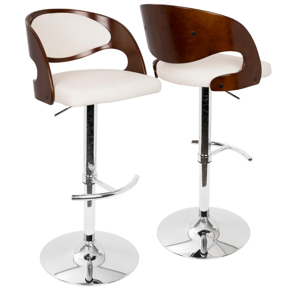 Pino - Mid-Century Modern Adjustable Barstool With Swivel - Cherry And White Faux Leather
