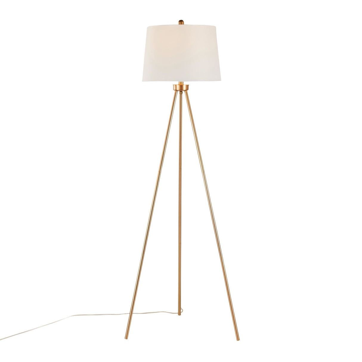 Tripod - Metal Floor Lamp - Gold Metal, White Linen