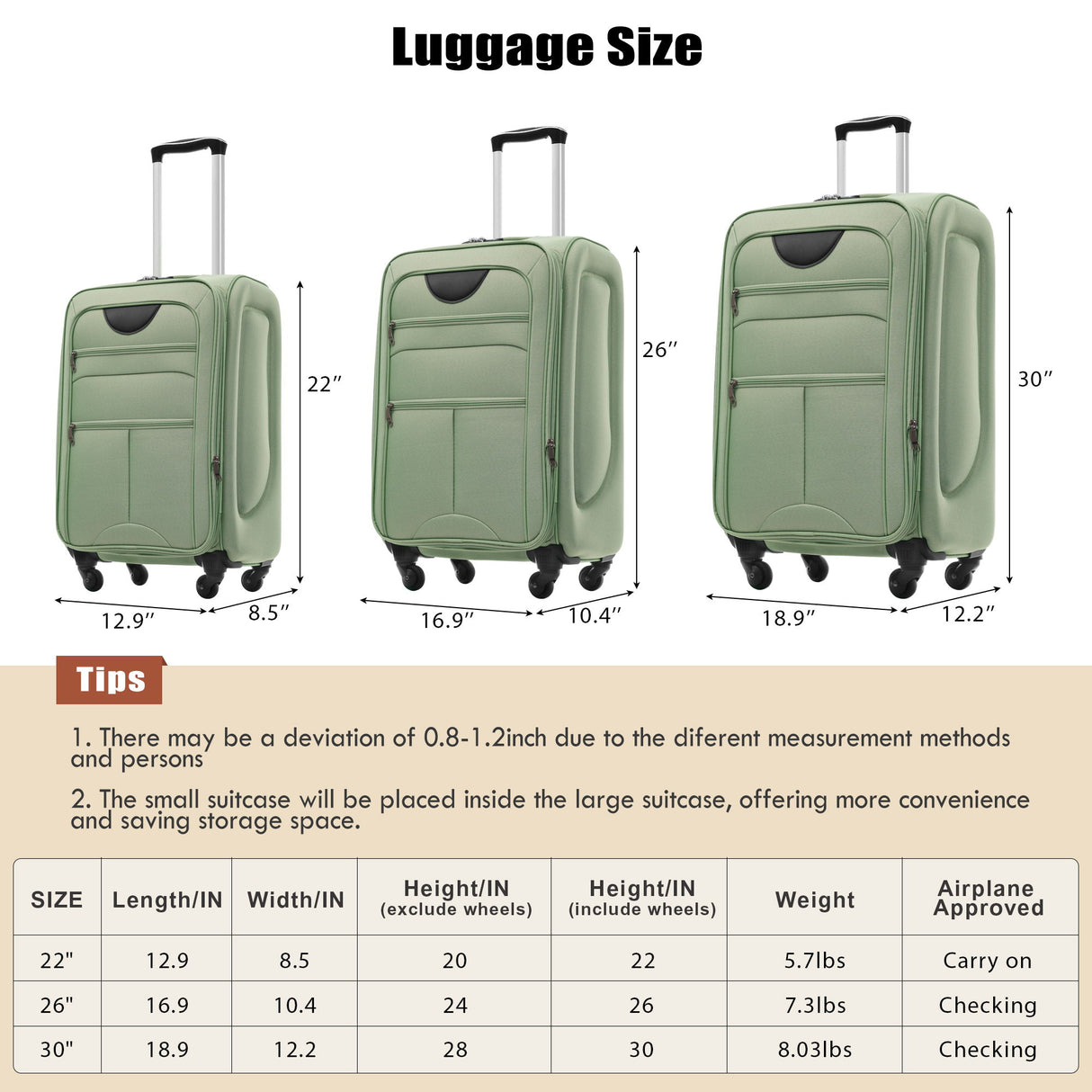 Softside Luggage Expandable 3 Piece Set Upright Spinner Lightweight Suitcase