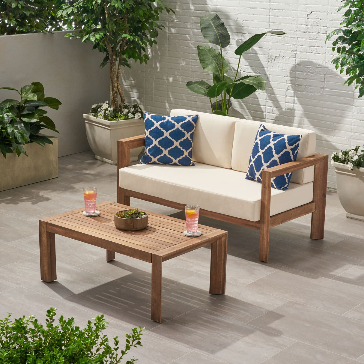 2 Piece Patio Set With Open-Back Loveseat And Coffee Table - Beige / Brown