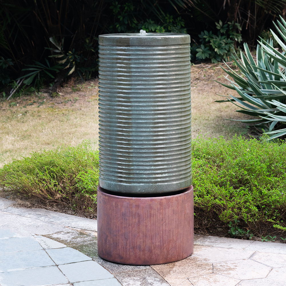 Large Modern Cylinder Ribbed Tower Water Fountain, Contemporary Outdoor Bird Bath