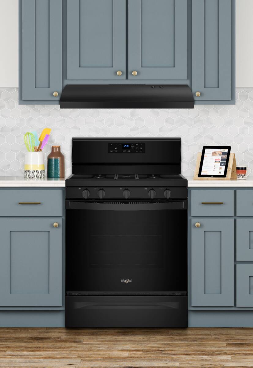 Whirlpool UXT4030ADB black range hood controls