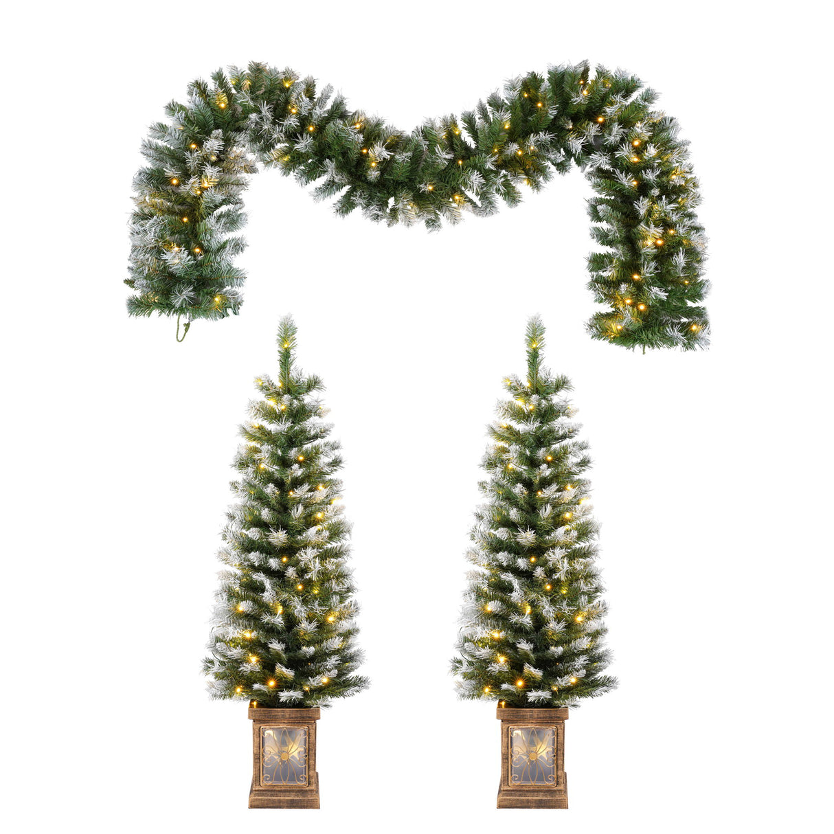 Artificial Christmas 3 Piece Set Wreath And 2 Entrance Trees With LED Lights - White / Green