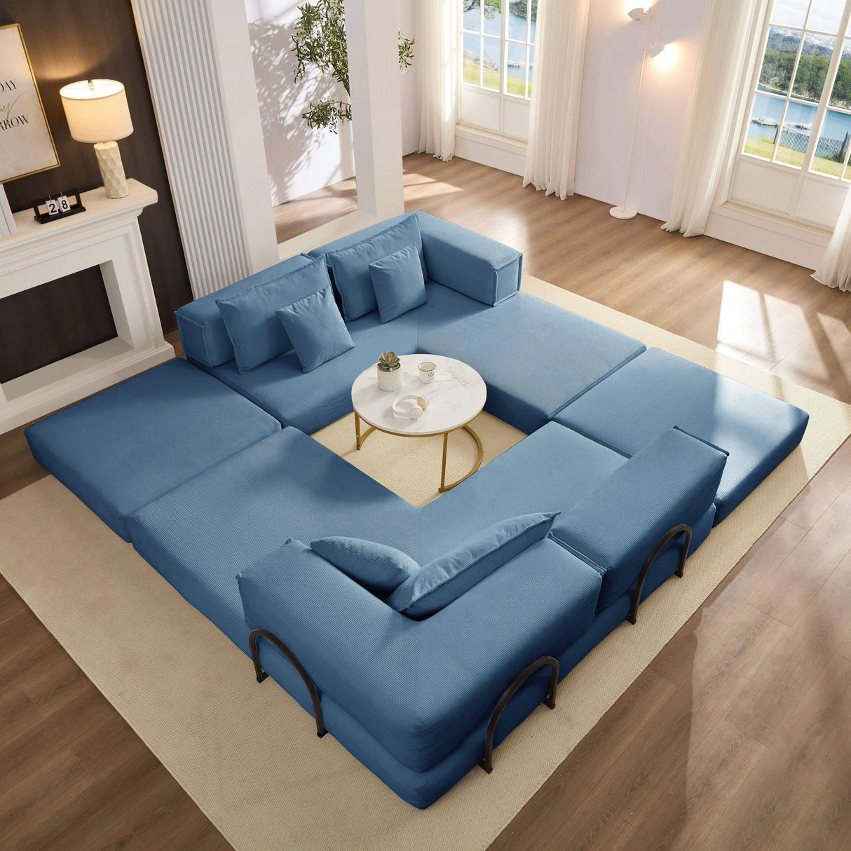 Modular L Shaped Floor Living Room Sofa Set With 6 Pillows