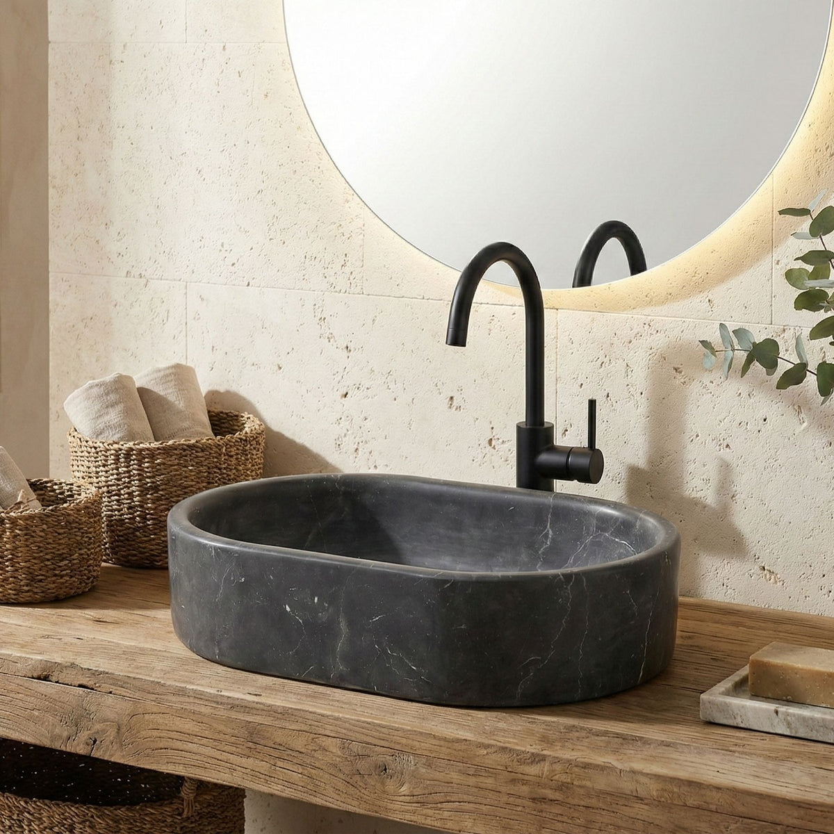 Vessel Sink, Oval Basin, Solid Above-Counter Vanity, Bowl For Master Bathroom - Dark Gray