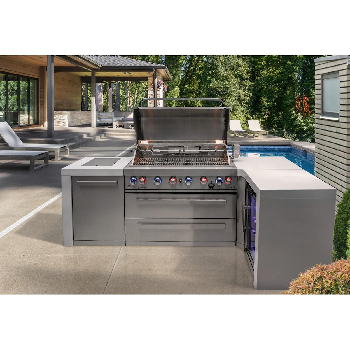 Mont Alpi Deluxe Series 8 Ft L-Shaped Propane Outdoor Kitchen Island w/ Side Burner & Fridge - MAi805-D90FC