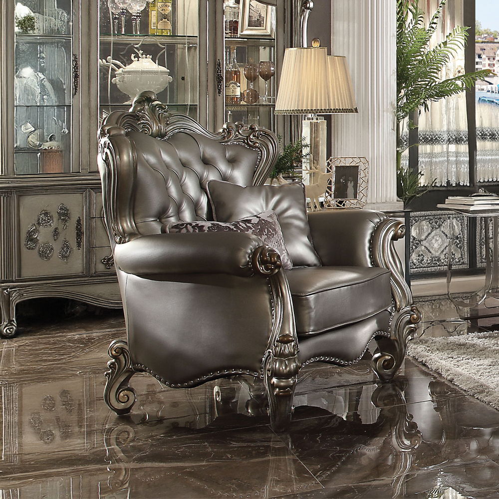 Versailles - Chair With 2 Pillows - Silver Synthetic Leather & Antique Platinum