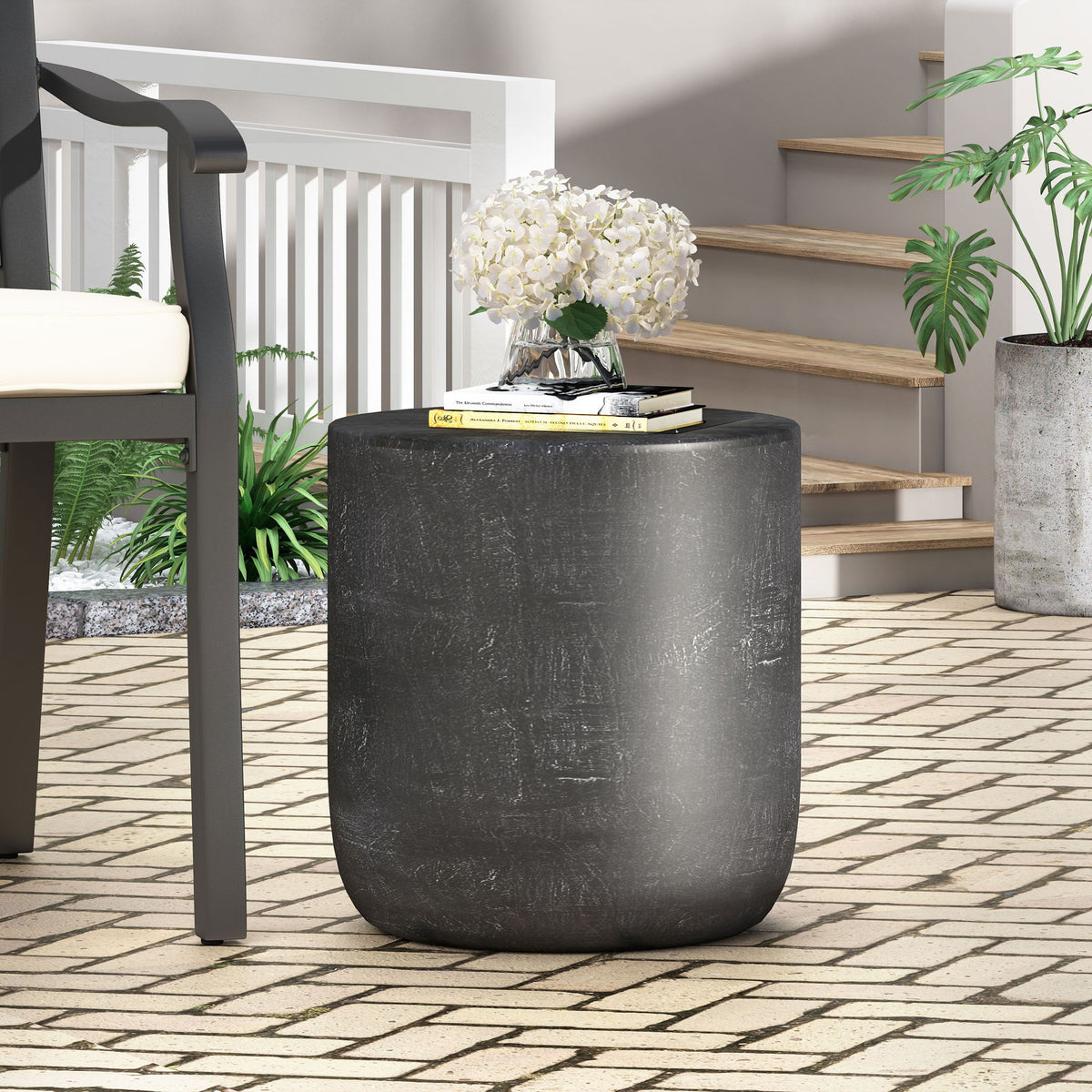 Outdoor Lightweight Concrete End Table With Natural Texture - Matte Black