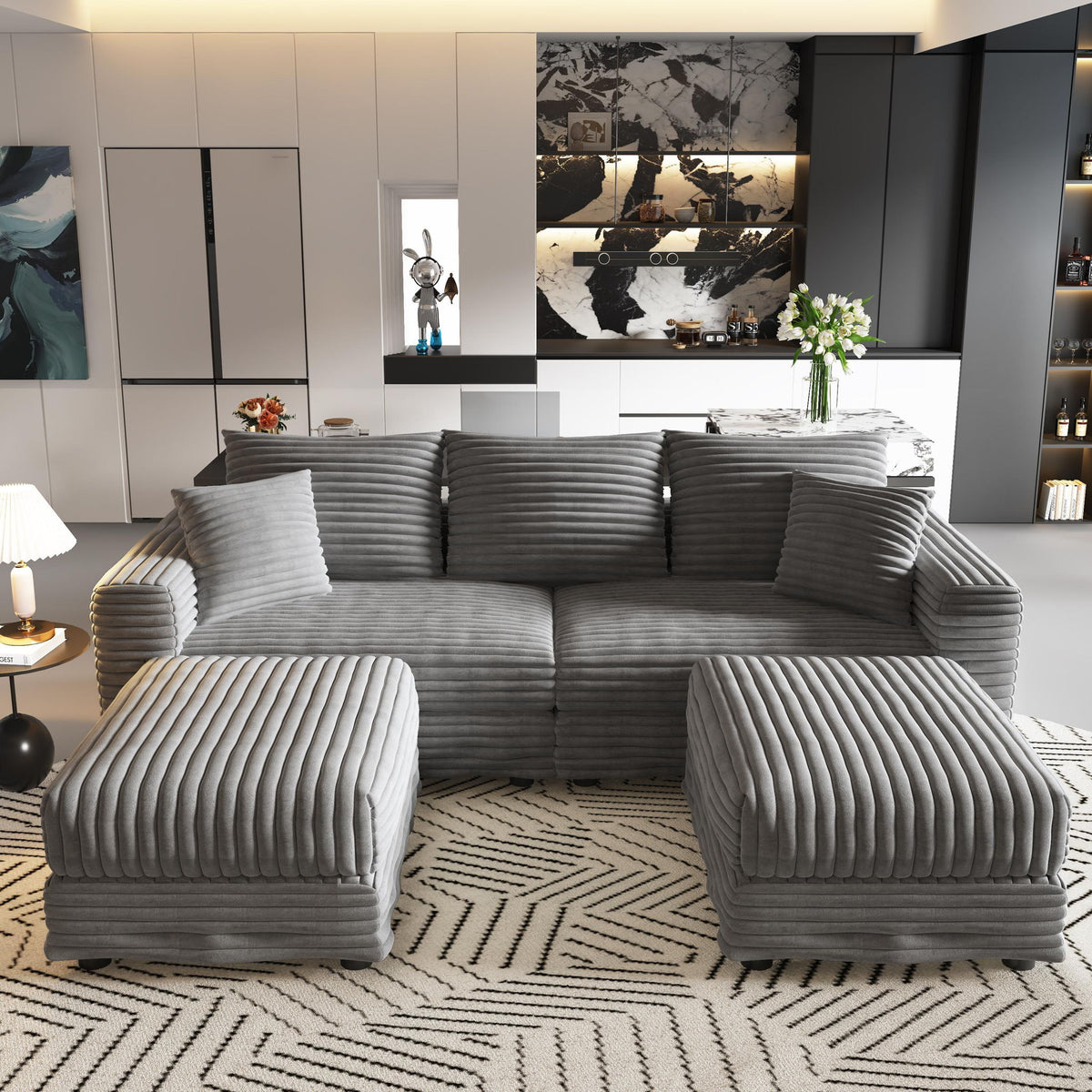 Deep Seat Convertible Sofa With Soft Pillows And Ottomans