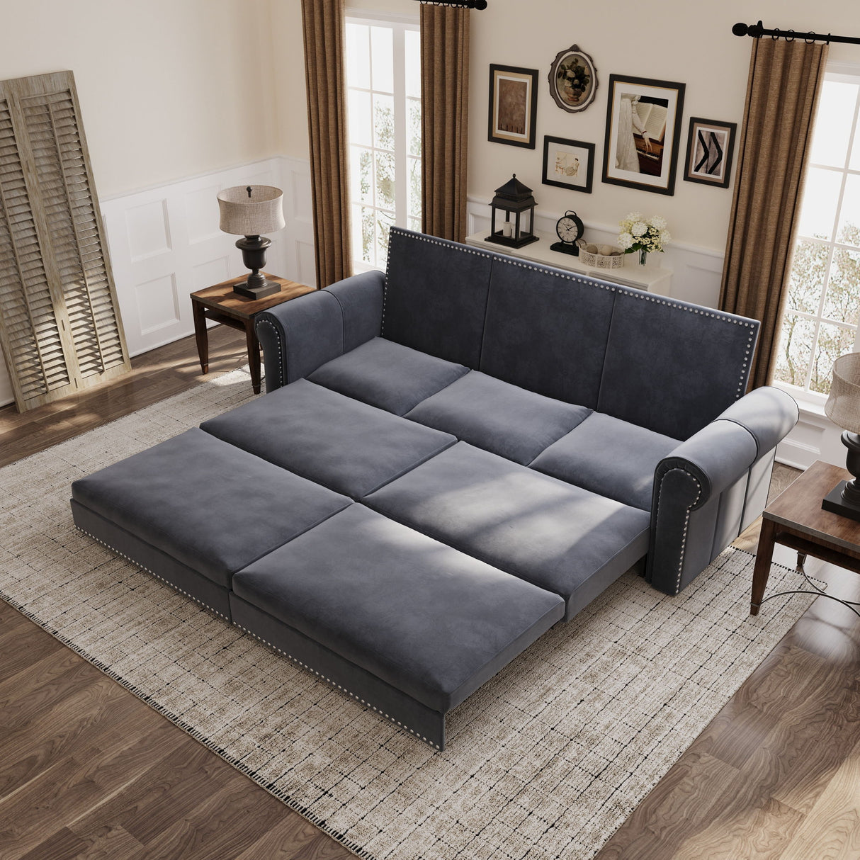 3 In 1 Convertible Sleeper Sofa With Nailhead Trim & Rolled Arm