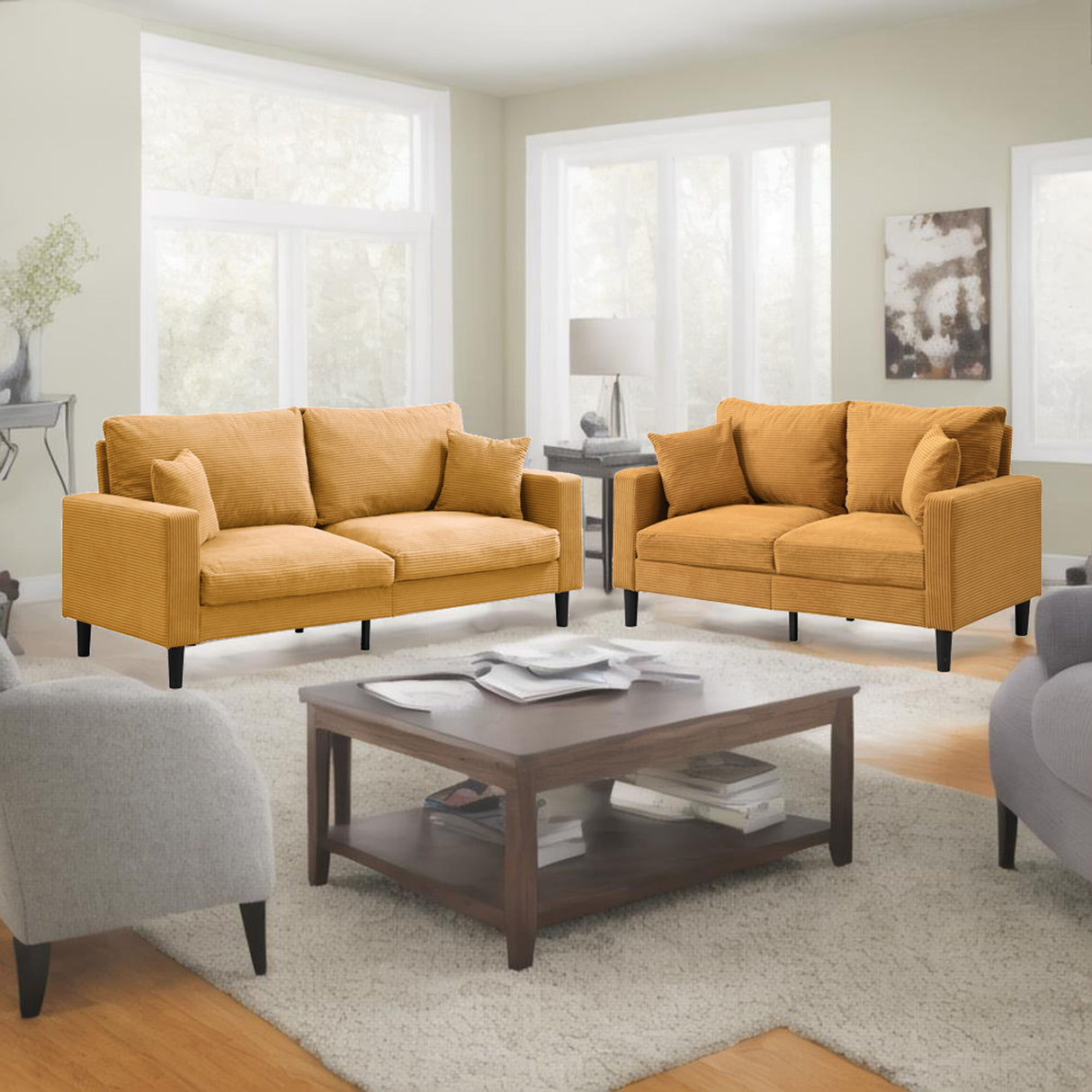 Modern Upholstered 2 Piece Sofa Set With 3 Seater And 2 Seater