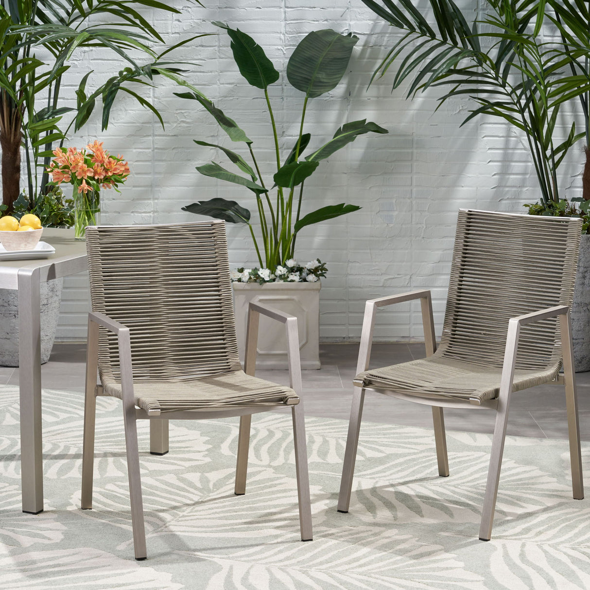 Outdoor Modern Aluminum Dining Chair Set With Rope Sea (Set of 2)