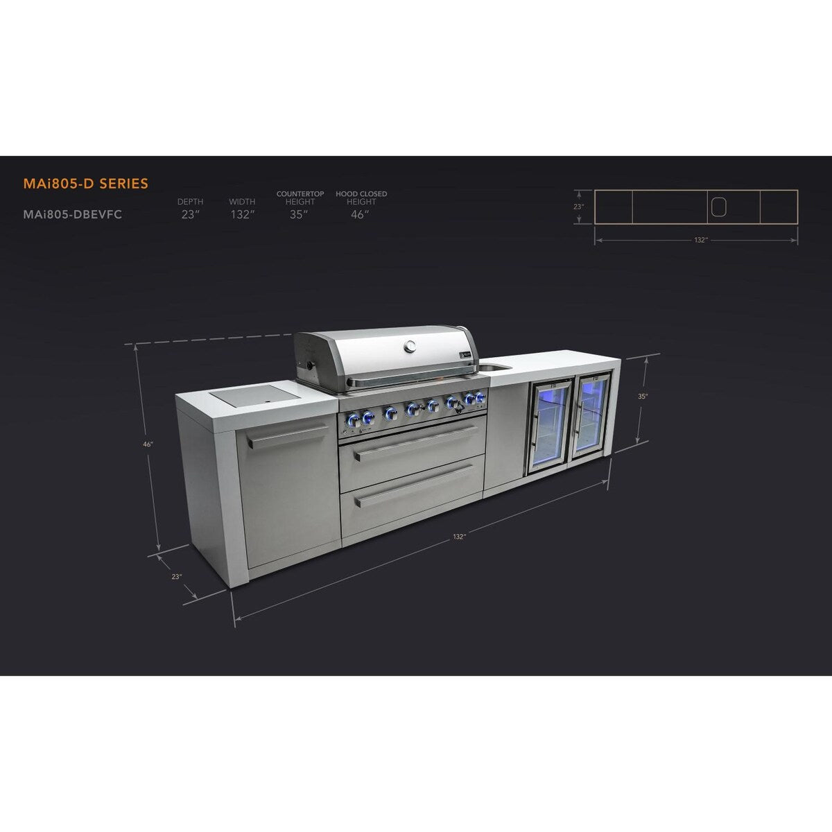 Mont Alpi Deluxe Series 11 Ft Propane Outdoor Kitchen Island w/ Side Burner, Beverage Center & Fridge - MAi805-DBEVFC