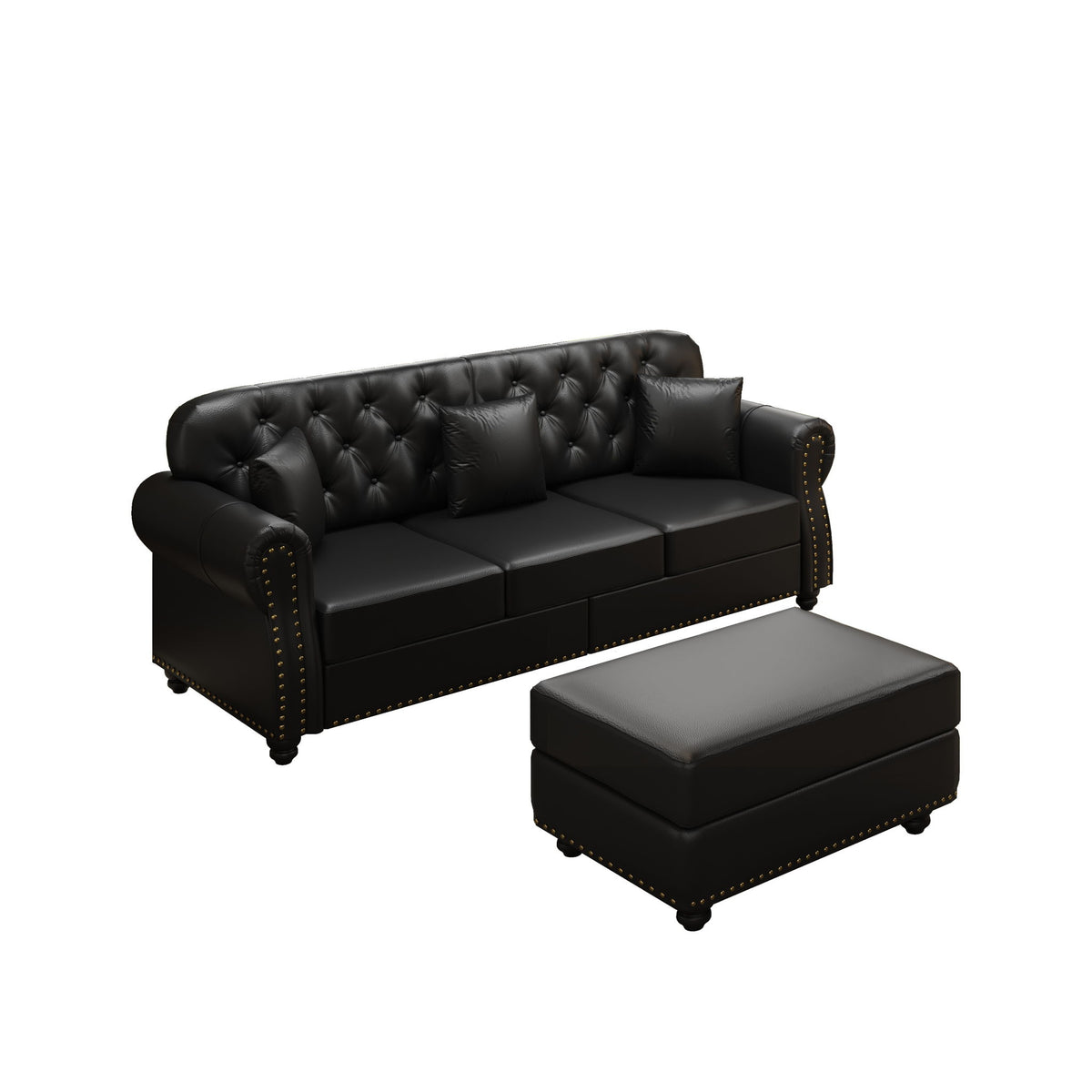 Upholstered Sofa With Nailhead Trim, Rolled Armrests With Ottoman