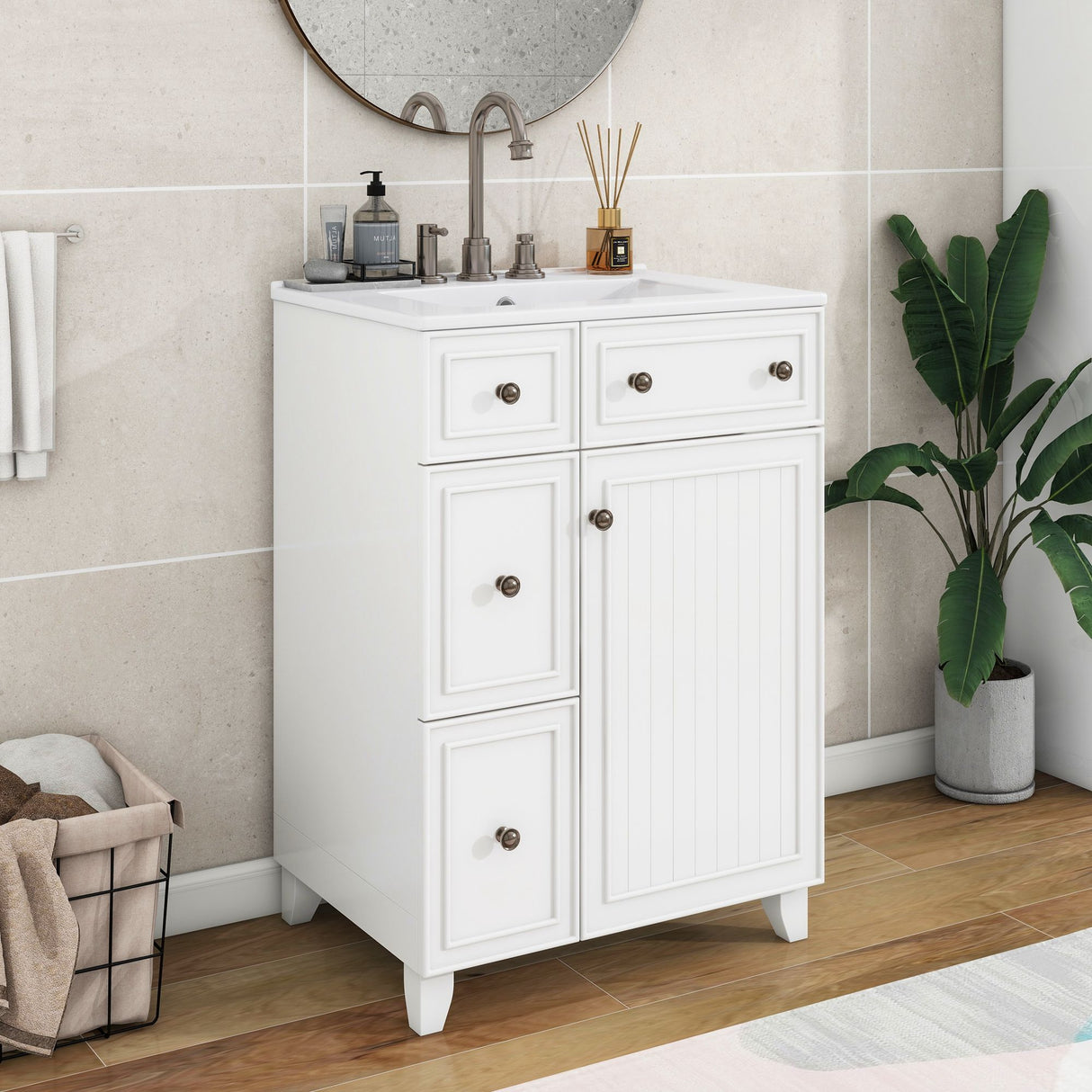 Transitional Style Bathroom Vanity Cabinet With Ceramic Sink