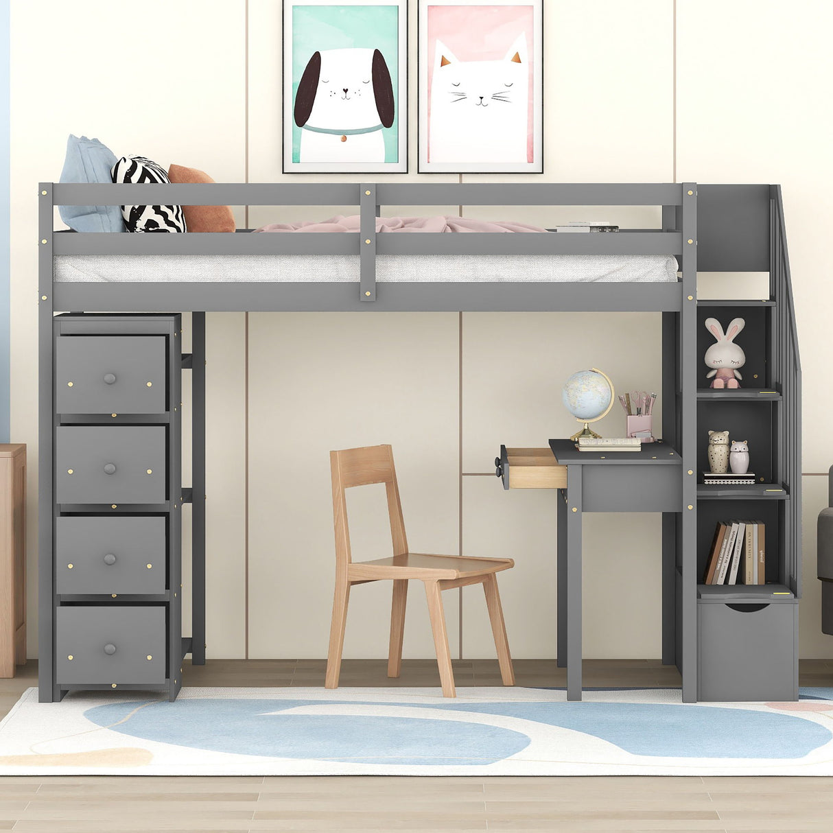 Loft Bed With Storage Drawers, Desk And Stairs With Shelves