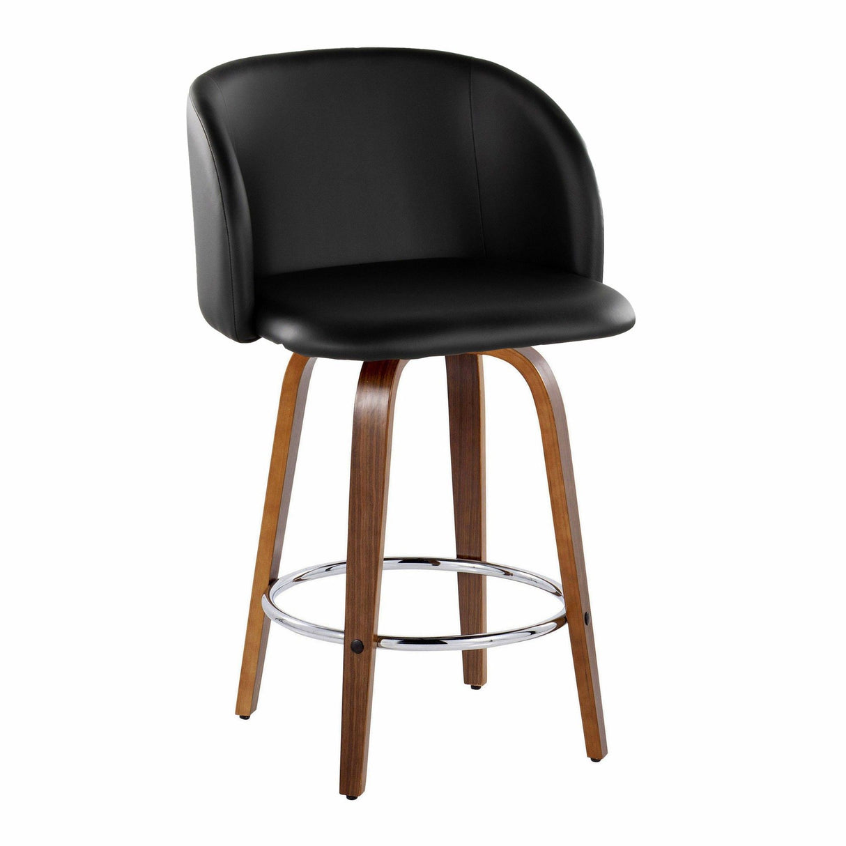 Fran - 25" Fixed-Height Counter Stool (Set of 2) - Walnut Wood, Black Faux Leather, Chrome Metal