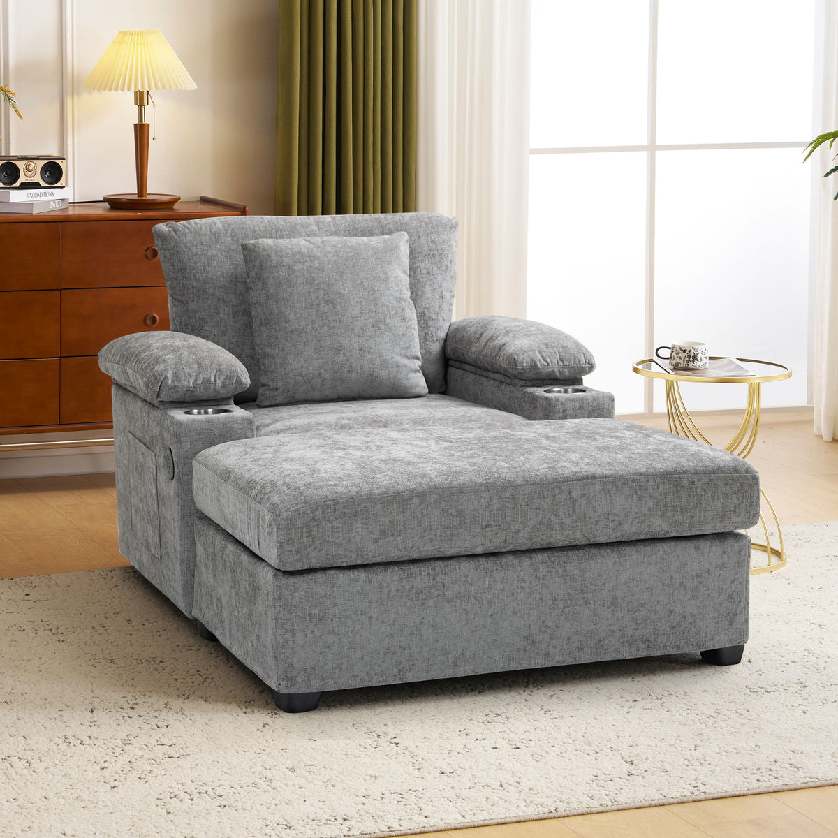 Modern Oversized Chair With Ottoman, Chenille Fabric Sofa Bed, Accent Chair Comfy Sofa With Cupholders And USB Charging Ports Chair For Living Room - Gray