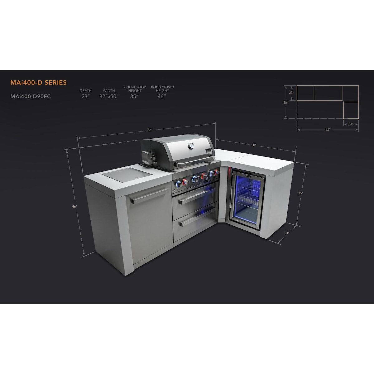 Mont Alpi Deluxe Series 7.5 Ft L-Shaped Propane Outdoor Kitchen Island w/ Side Burner & Fridge - MAi400-D90FC