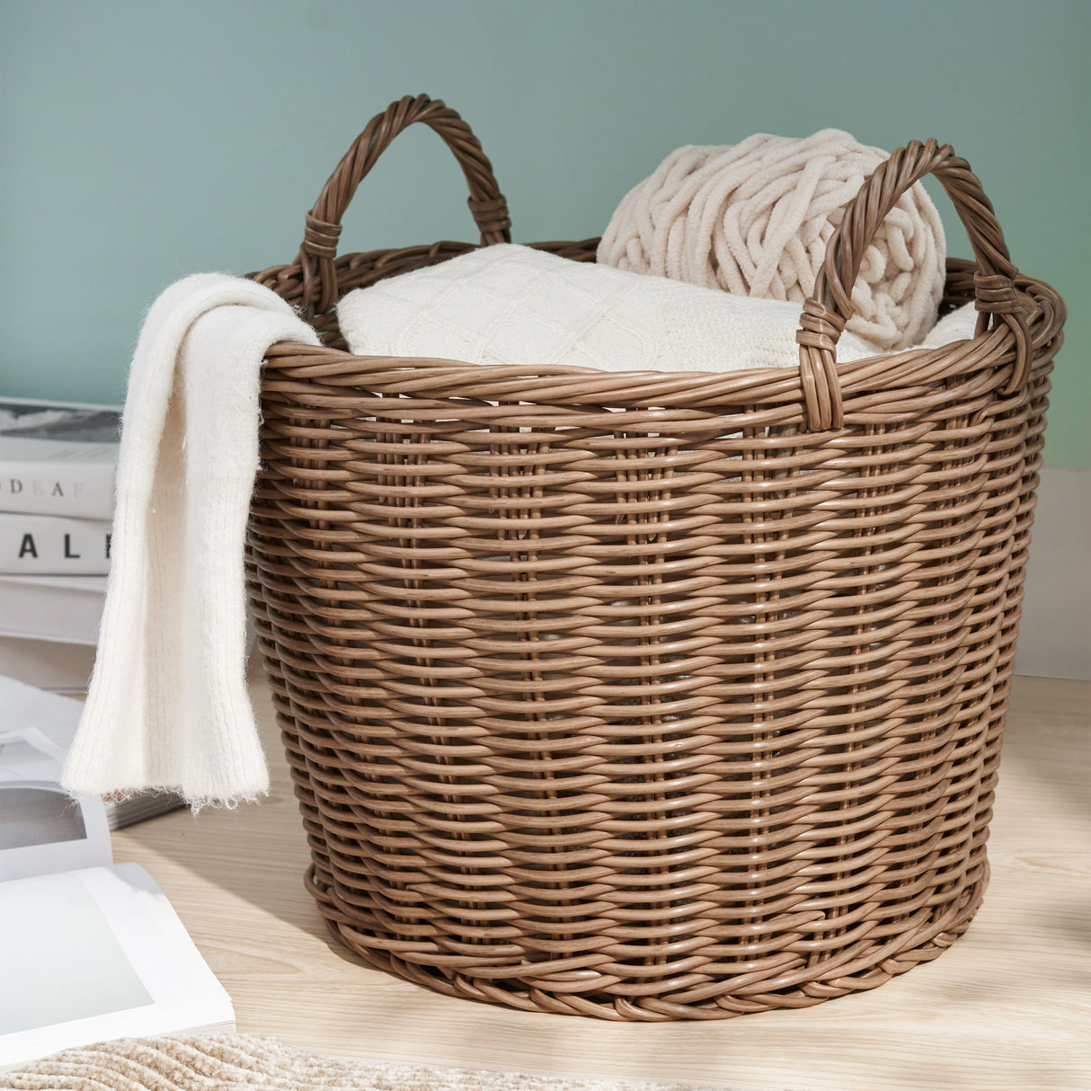 Round Cone Woven Resin Wicker Basket With Handles For Versatile Storage - Walnut Brown