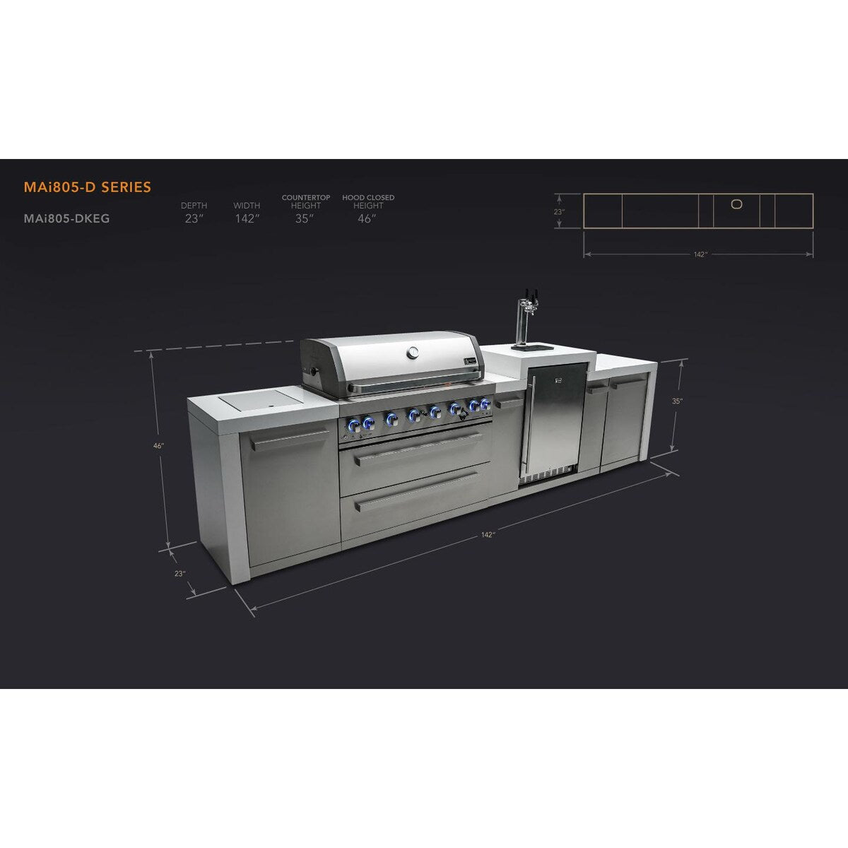 Mont Alpi Deluxe Series 12 Ft Propane Outdoor Kitchen Island w/ Side Burner & Kegerator - MAi805-DKEG