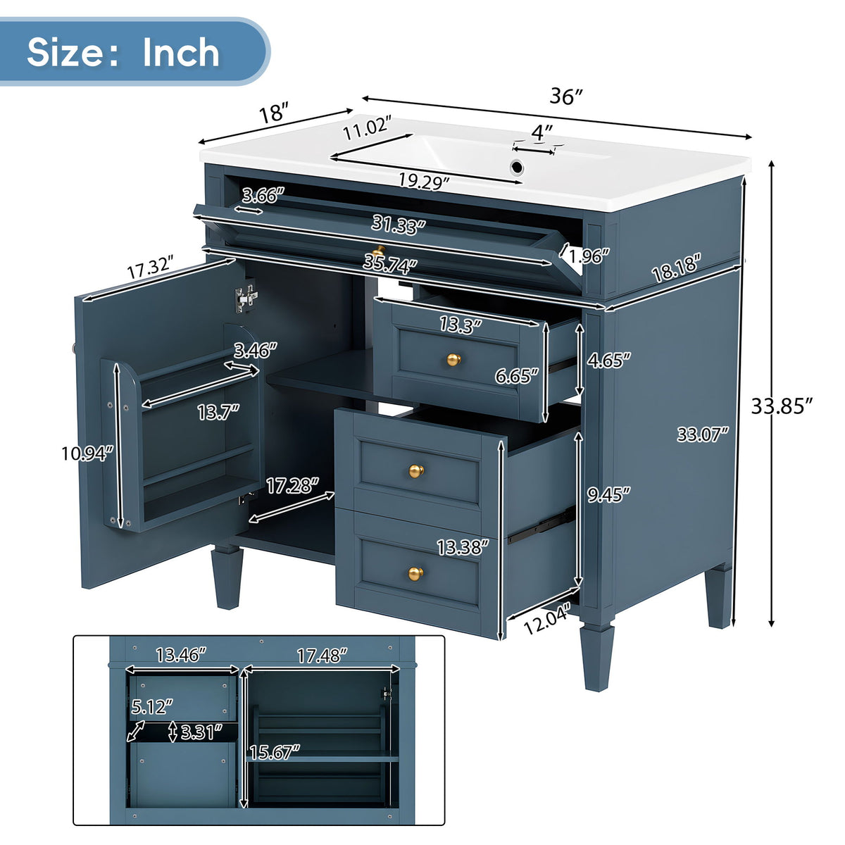Bathroom Vanity With Sink, Rectangular Storage Cabinet & 2 Drawers And Tip Out Drawer