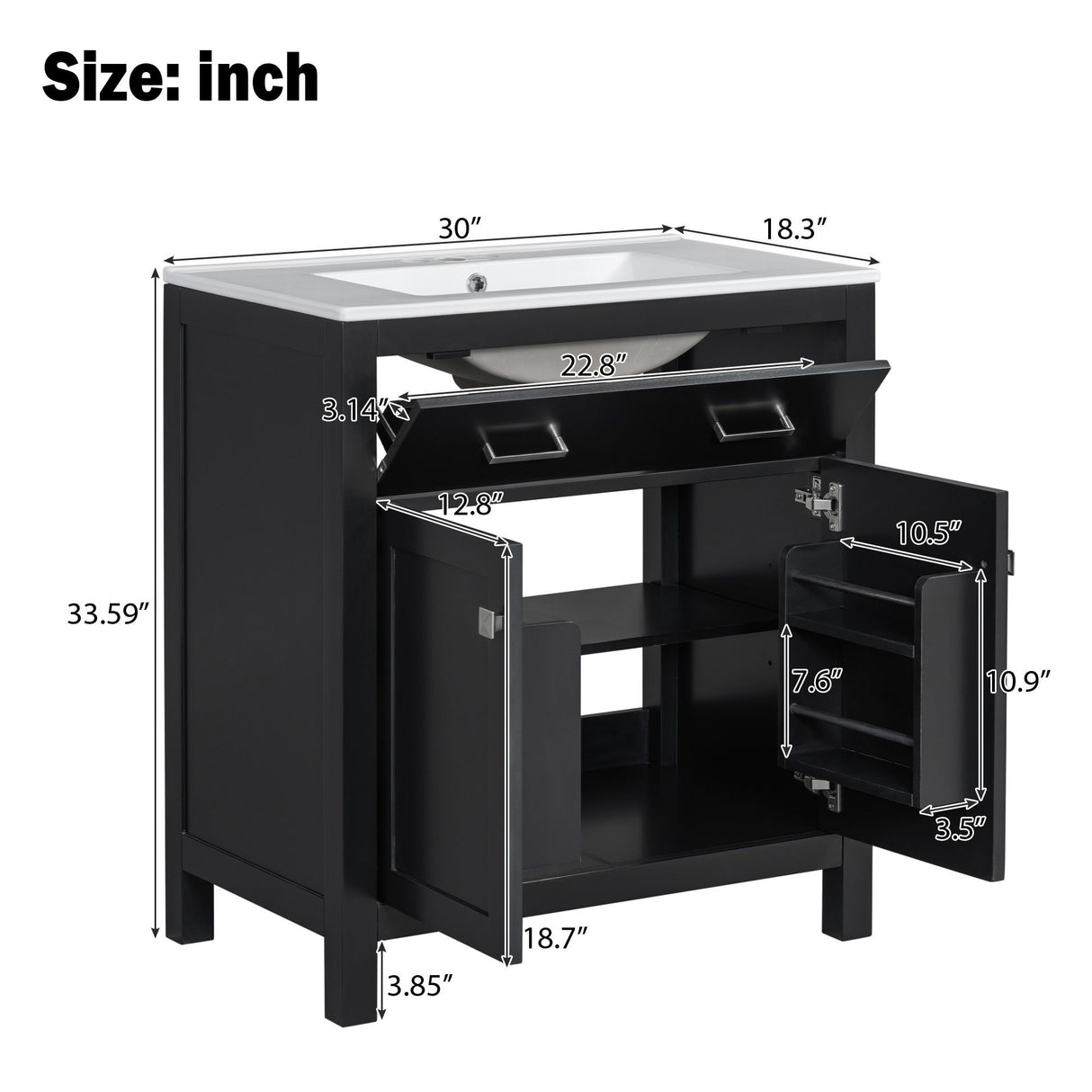 Bathroom Vanity With Ceramic Sink, Modern Single Bathroom Cabinet With 2 Doors And A Shelf, Soft Close Doors