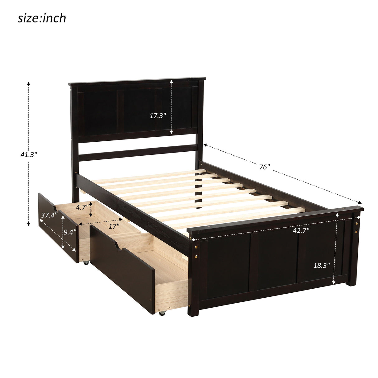 Platform Storage Bed With 2 Wheel Base Drawers