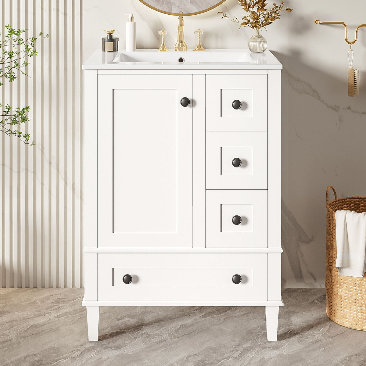 Bathroom Vanity With Integrated Basin, Soft Close Drawers, Door Mounted Double Layer Shelf