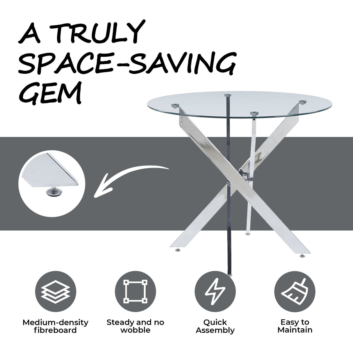 Dining Table With Cross Metal Leg And Tempered Glass, Modern Space Saving Kitchen Table For Living Room