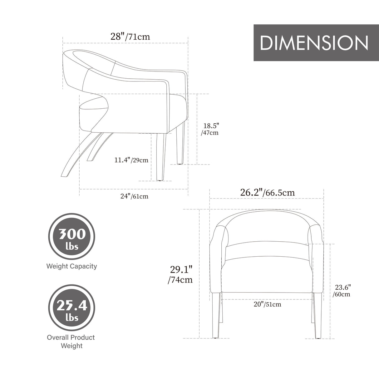 Upholstered Open Back Armchair With Weathered Rubberwood Legs