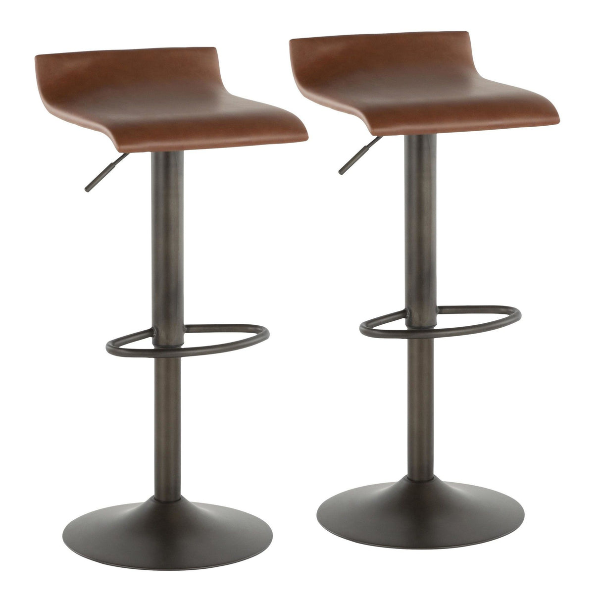 Ale - Industrial Adjustable Height Swivel Barstool (Set of 2) - Antique Metal And Brown Faux Leather With Oval Footrest