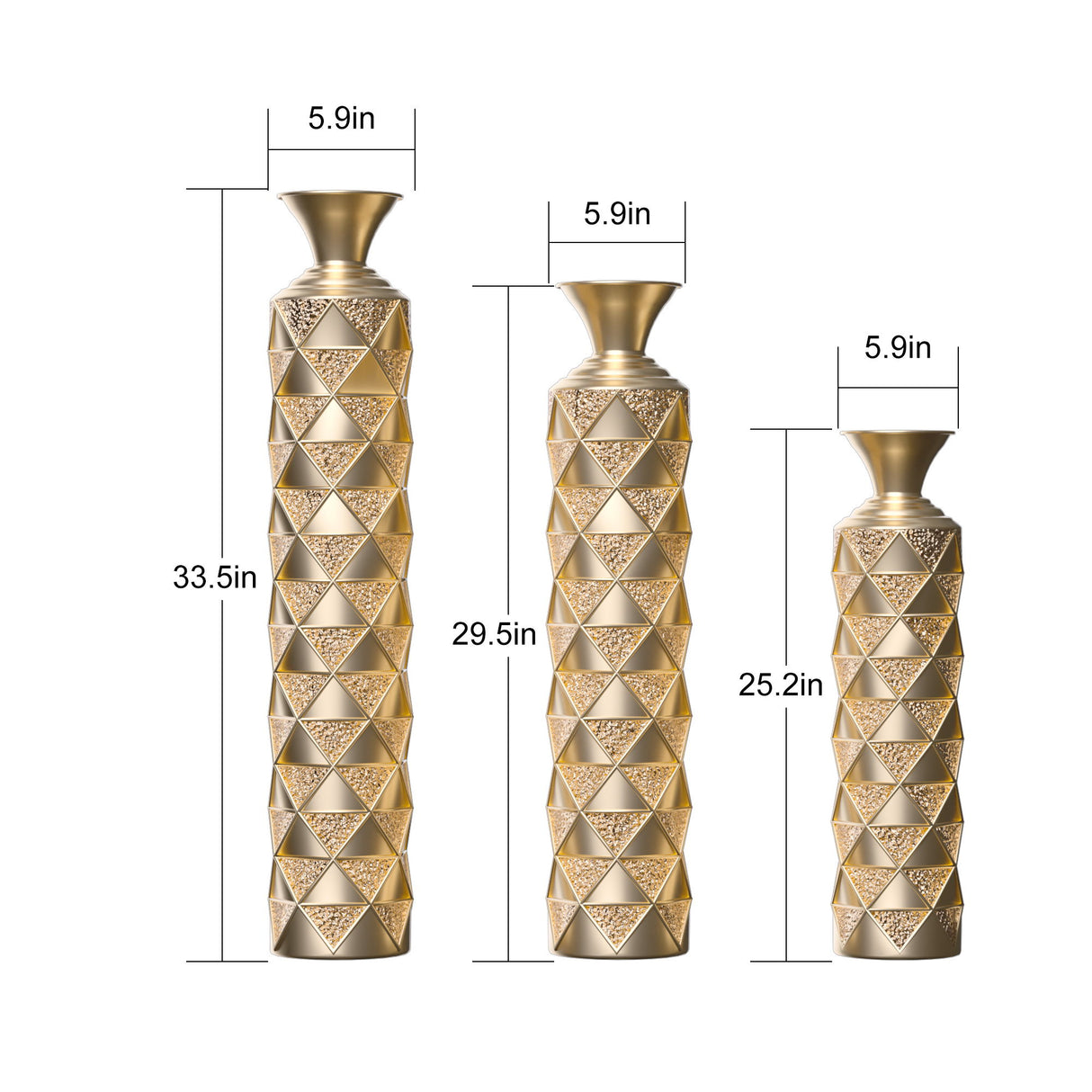 Metal Decorative Vase High Distress Metal Center Vase With 3D Triangle Pattern, (Set of 3) Vases For Home Decoration - Gold
