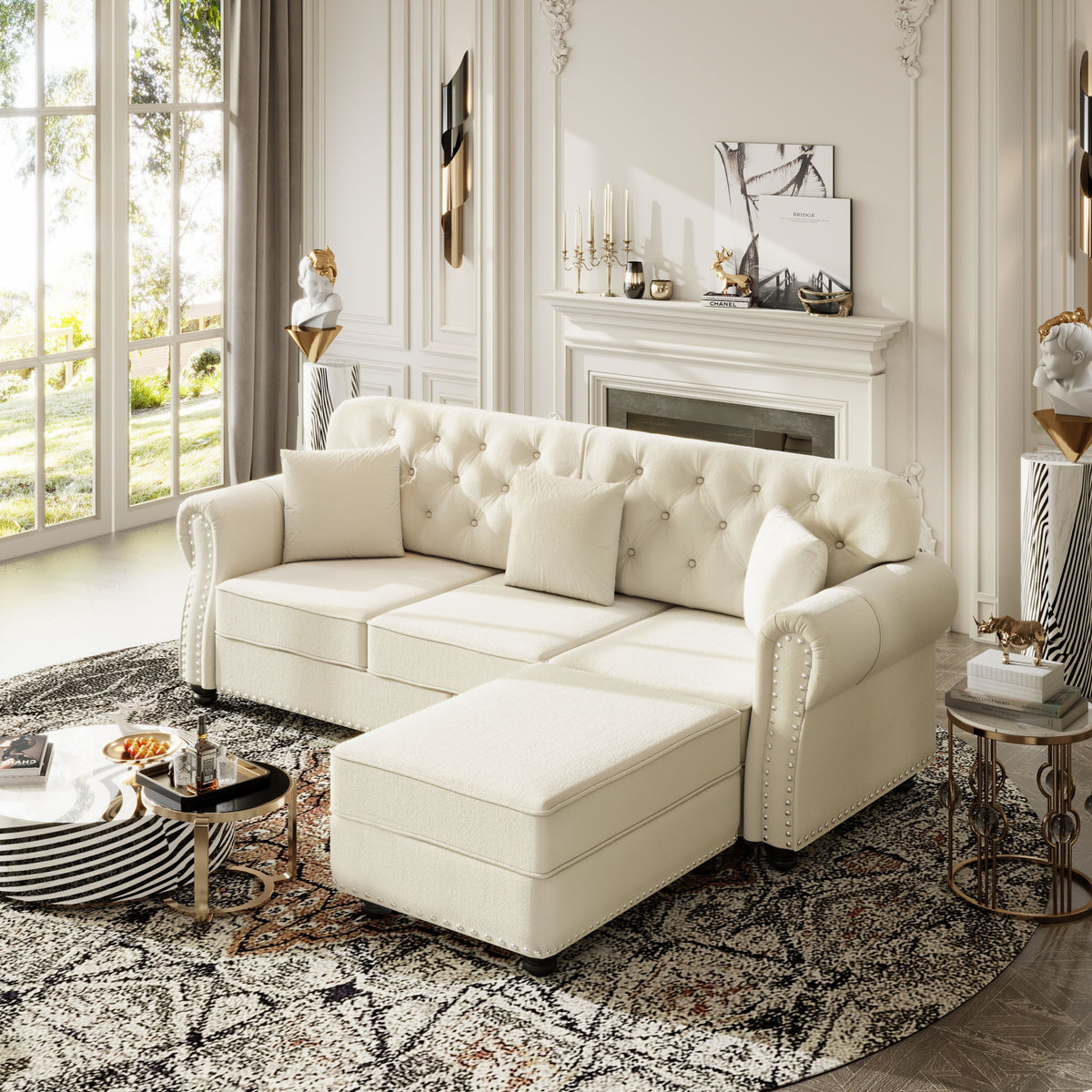 Upholstered 3 Seater Sofa Set With Ottoman