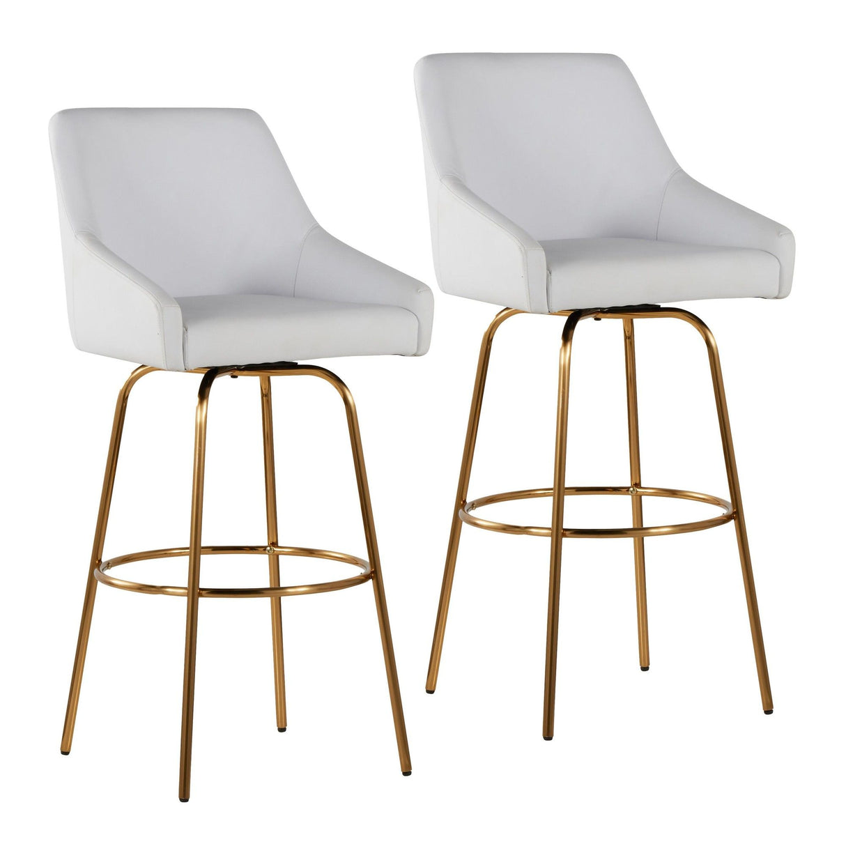 Hannah - Transitional Fixed-Height Swivel Barstool (Set of 2) - Gold Metal, White Faux Leather, And Gold Metal With Rounded Gold Metal Footrest