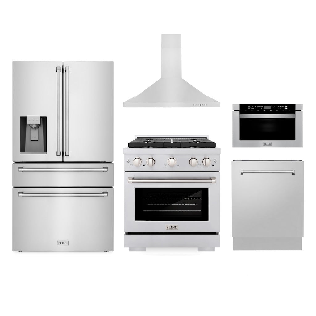 Kitchen Package with Water and Ice Dispenser Refrigerator, 30 in. Gas Range, 30 in. Range Hood, Microwave Drawer, and 24 in. Tall Tub Dishwasher - (5KPRWSGRRH30MWDWV) -