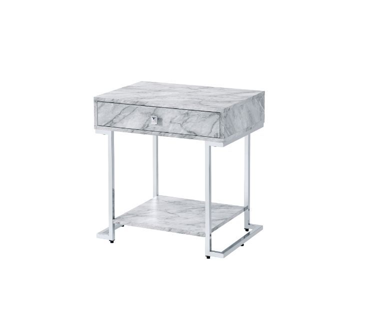 Wither - Accent Table - White Printed Faux Marble & Chrome