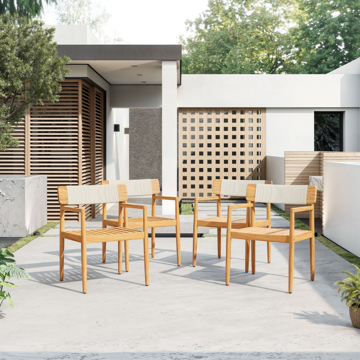 Creative Braided Acacia Wood Outdoor Dining Table And Chairs With Armrests (Set of 2) - Teak / White