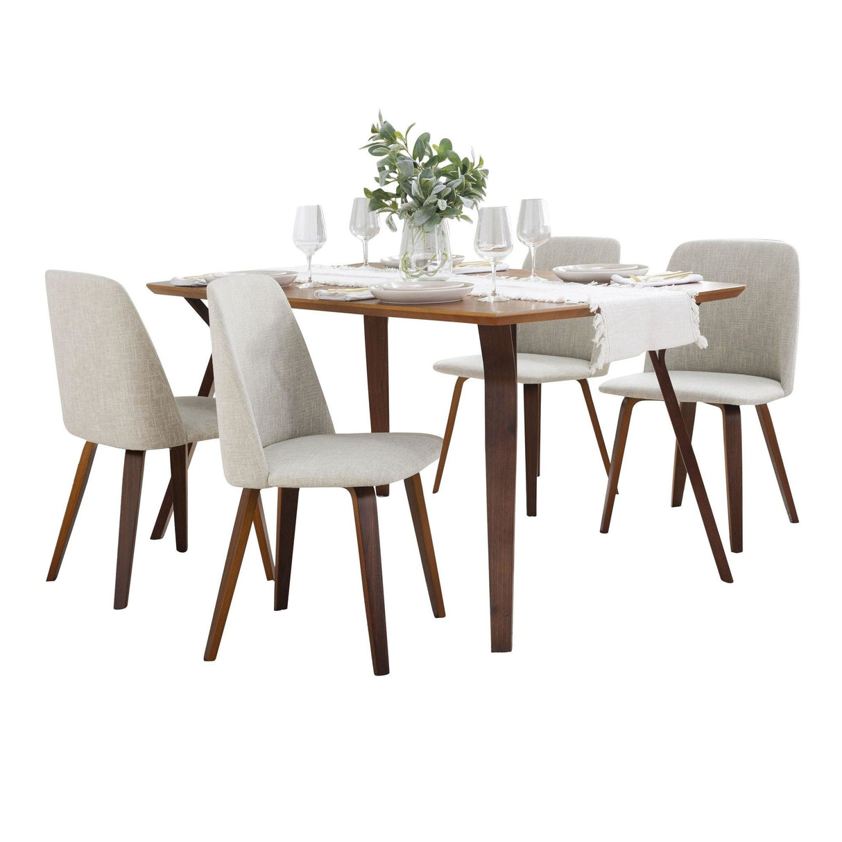 Folia - Toriano 5 Piece Dining Set - Walnut Wood, Beige Fabric
