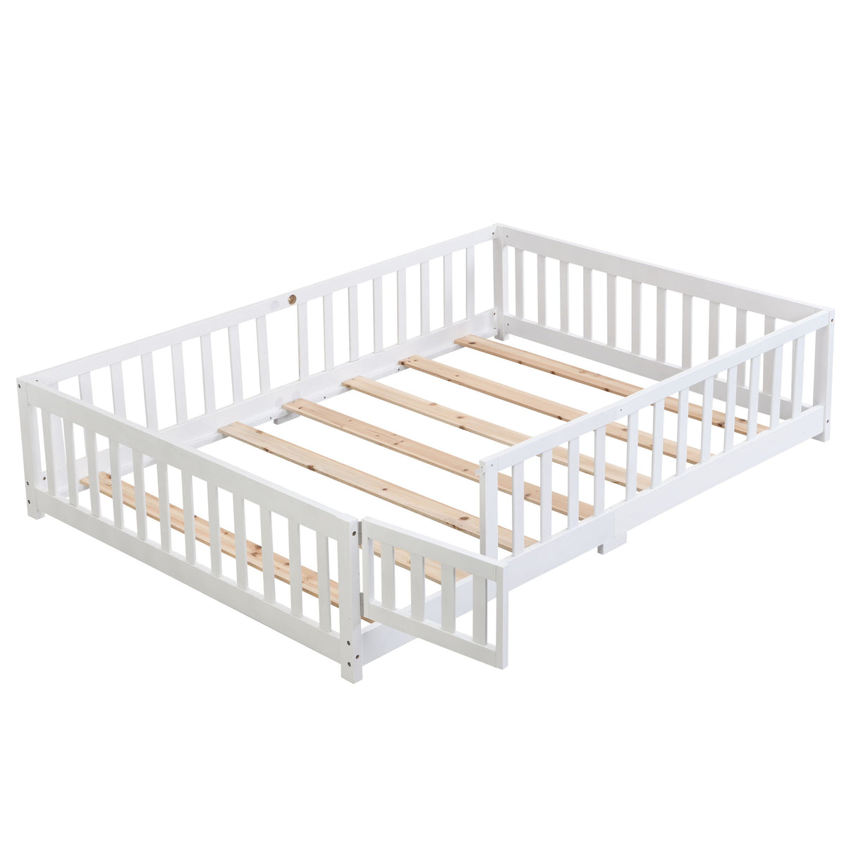 Solid Wood Floor Bed With Door And Fence For Children