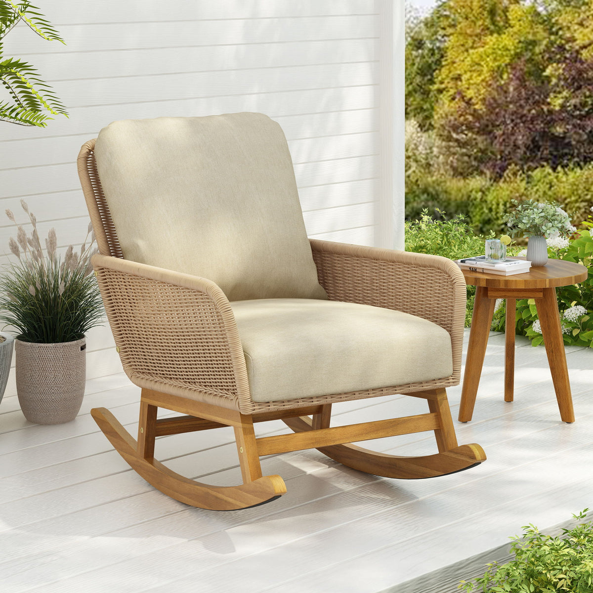 Contemporary Minimalist Wicker Rocking Chair With Soft Cushions